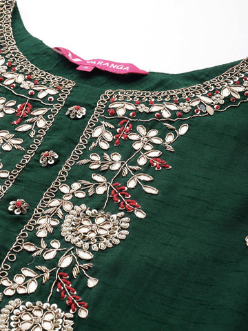 Green Embroidered Straight Kurta Paired With Tonal Bottom And Printed Dupatta